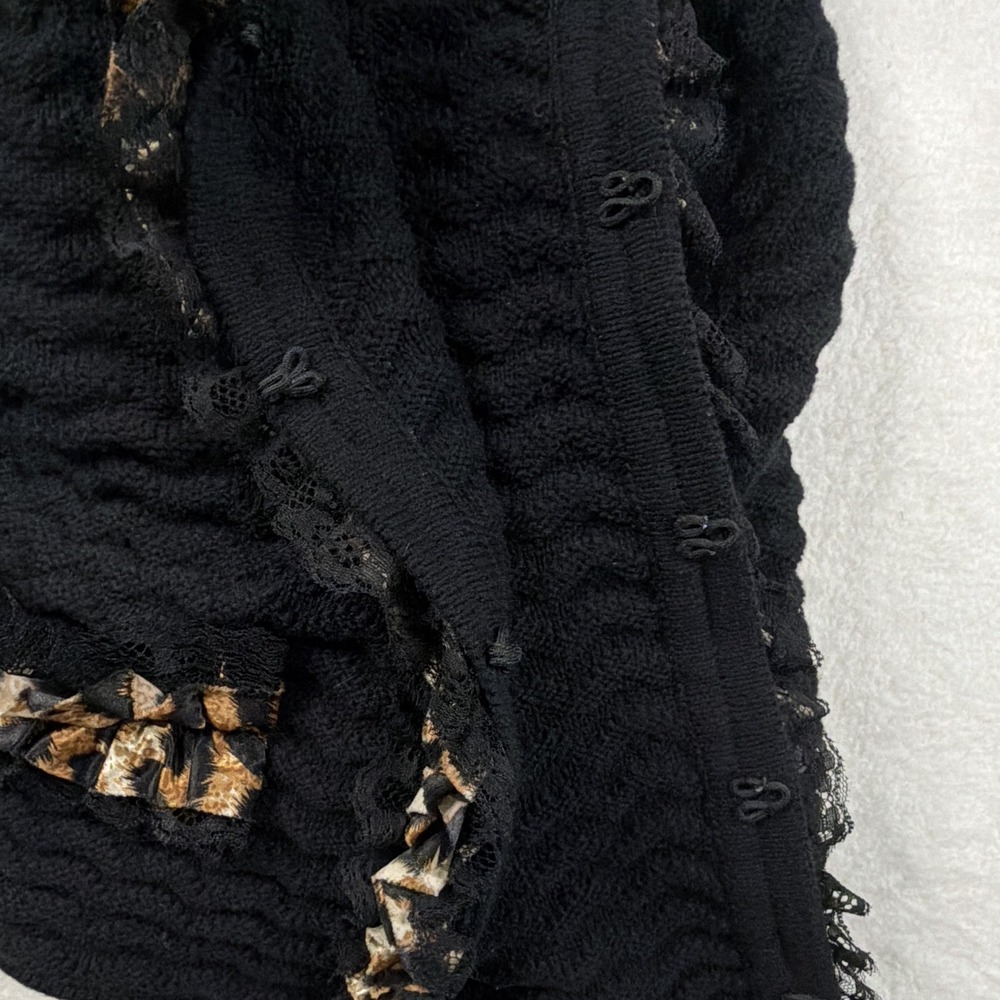 Chicos Black Textured Knit Jacket Leopard Print Trim Hook Eye Cardigan size 1 - Picture 7 of 8
